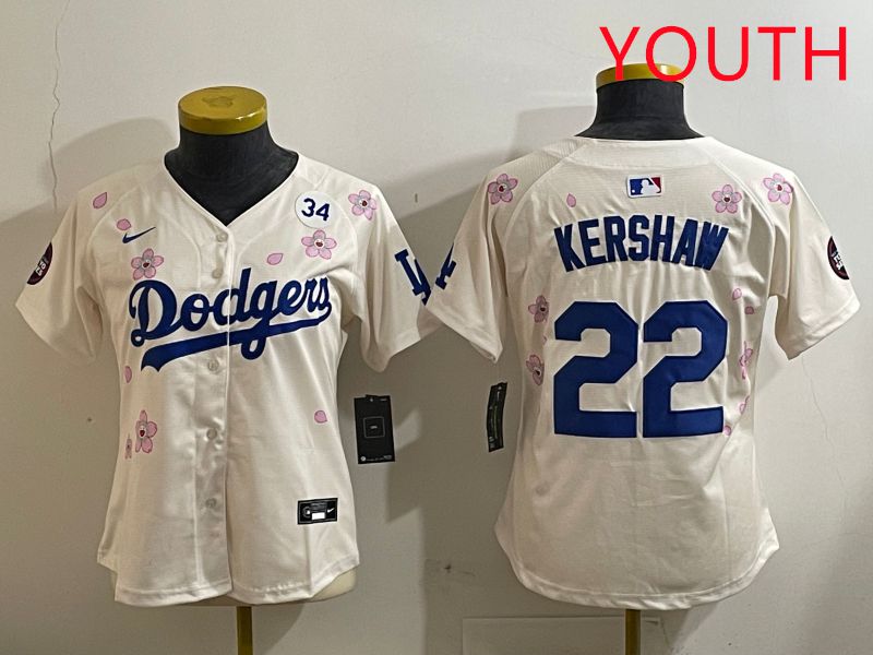 Youth Los Angeles Dodgers #22 Kershaw Cream Sakura Edition 2025 Nike MLB Jersey style 8->youth mlb jersey->Youth Jersey